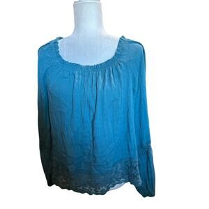 Mason & Belle Boho Crochet Aqua Blouse, Size Medium, NWT